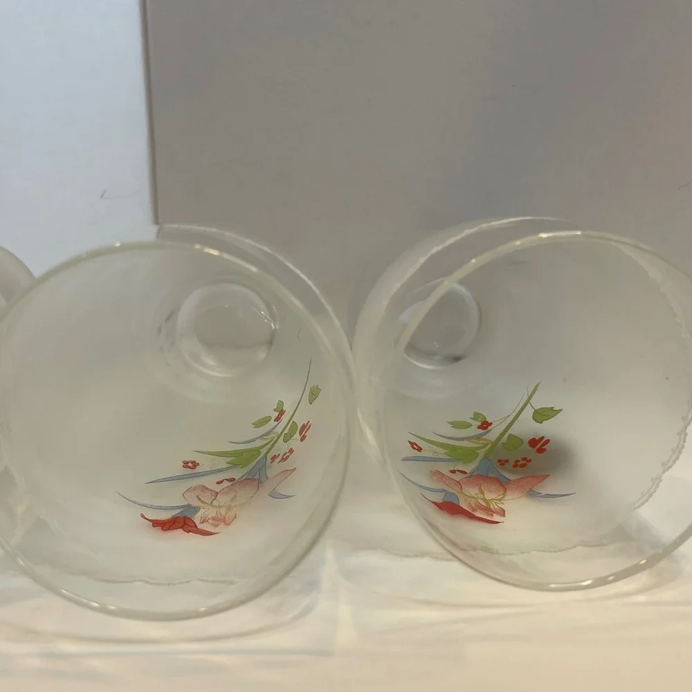 Vintage Frosted Glass Floral Iris Tumbler Set of 4 White Lace Trim 6 inch Tall